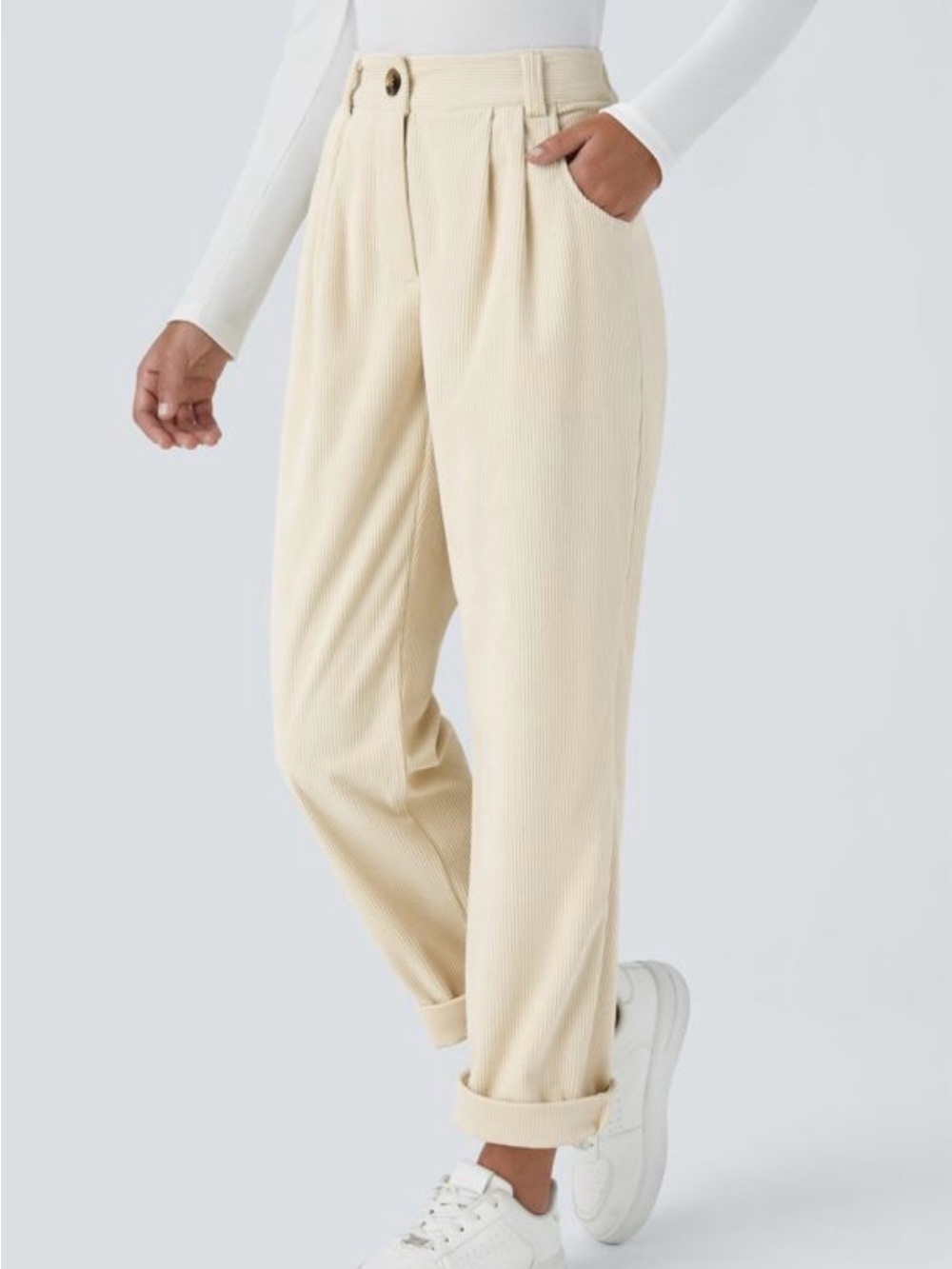 HALARA High-Rise Pleated Corduroy Trousers in Cream